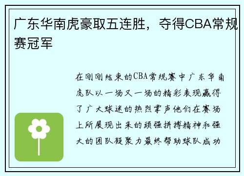 广东华南虎豪取五连胜，夺得CBA常规赛冠军
