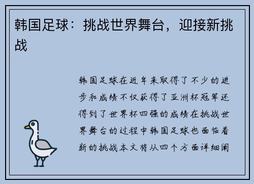 韩国足球：挑战世界舞台，迎接新挑战