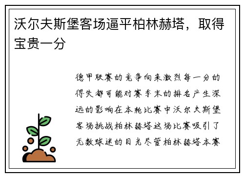 沃尔夫斯堡客场逼平柏林赫塔，取得宝贵一分